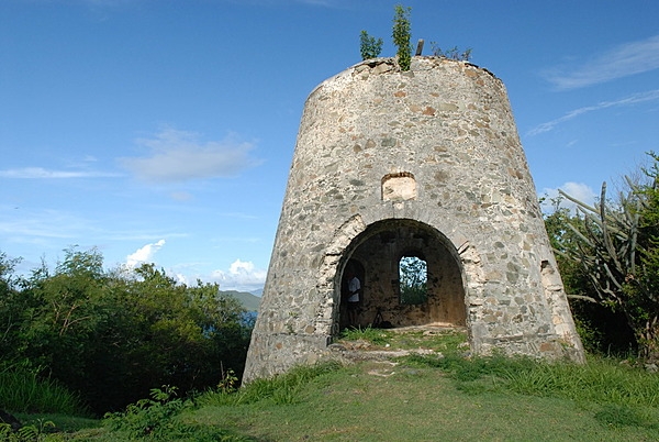 Peace Hill sugar mill ruin in the Virgin Islands. The Denis Bay plantation on this site was established in 1718, and it was one of five plantations on St. John that used wind power to produce sugar. Photo courtesy of the US National Park Service/Susanna Pershern.