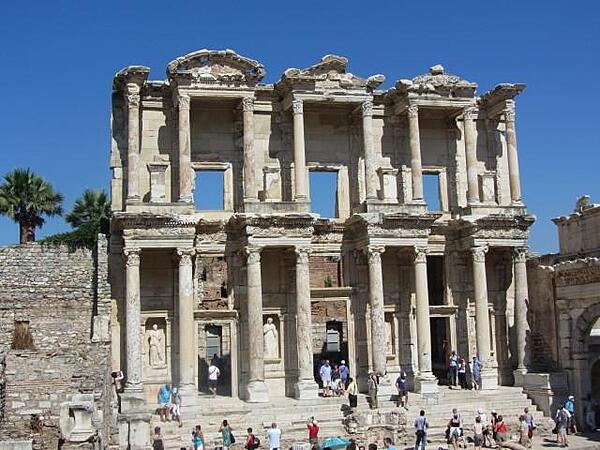 The Library of Celsus in Ephesus, Turkey, was built between A.D. 100 and 110 by Gaius Julius Aquila in memory of his father, Tiberius Julius Celsus Polemaneanus, a former governor of Roman Asia, who is buried under the library. An earthquake destroyed the library in A.D. 270, and the façade was reconstructed between 1970 and 1978.