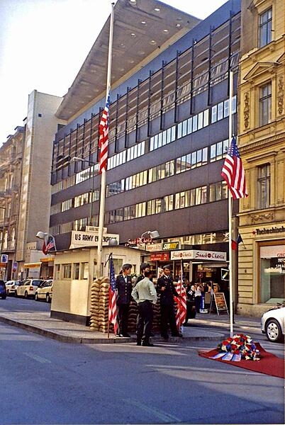 The US Army Checkpoint (Checkpoint Charlie), the former crossing point between East and West Berlin in Germany.