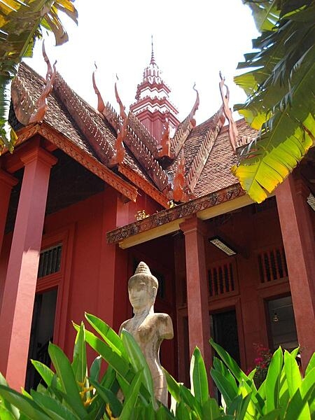 Entrance to the National Museum of Cambodia in Phnom Penh. Built between 1917 and 1924 to preserve Cambodia's cultural traditions, it houses the world's largest collections of Khmer art and has an important collection of Buddhist and Hindu sculptures.