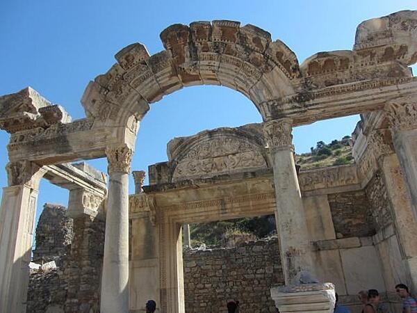 Ruins of the Temple of Hadrian in Ephesus, Turkey, which dates to the 2nd century A.D. The structure has been partially reconstructed from surviving architectural fragments.