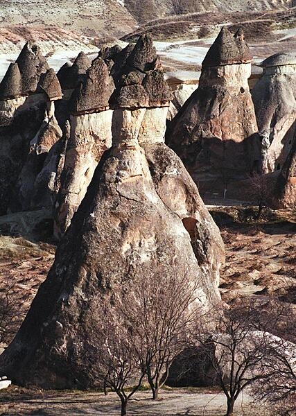 "Fairy chimneys" (also called hoodoos, tent rocks, or earth pyramids) in Turkey’s Göreme National Park are the result of volcanic ash hardening into porous rock, which then erodes to create these capped cone shapes up to 40 m (130 ft) tall.