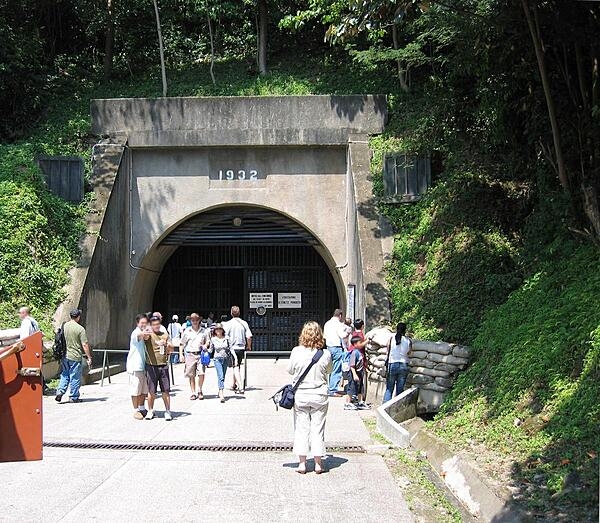 East entrance to the Malinta Tunnel complex on the island of Corregidor in the Philippines. The US Army Corps of Engineers built it between 1922 and 1932, and it was used for bomb-proof storage, as a command center, and as a hospital.