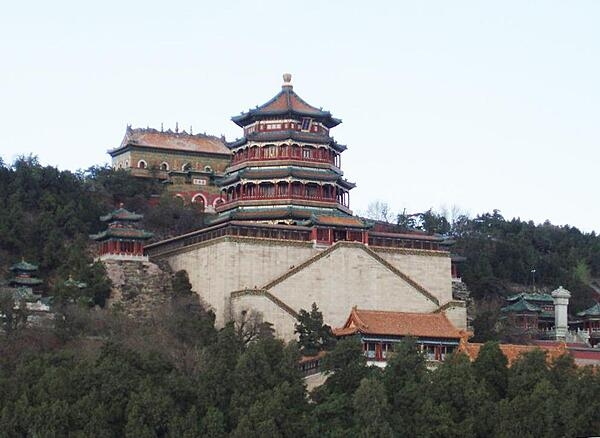 The Tower of Buddhist Incense rises over the Temple of Buddhist Virtue at the Summer Palace in Beijing, China. The Palace -- called "the Gardens of Nurtured Harmony" in Chinese -- was a summer resort for the imperial family. It consists of palaces, gardens, a lake, and a hill. Gardens have been at the site since the 12th century; construction of the Summer Palace began in 1750.