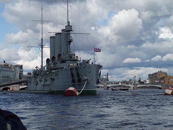 The cruiser "Aurora" anchored in St. Petersburg Harbor in Russia. A blank shot fired from this ship signaled the assault on the Winter Palace and launched the October 1917 Revolution.